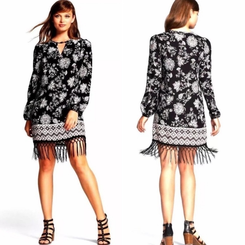 Xhilaration Black and White Mandala Print Fringe Trim Tunic Dress | Size…